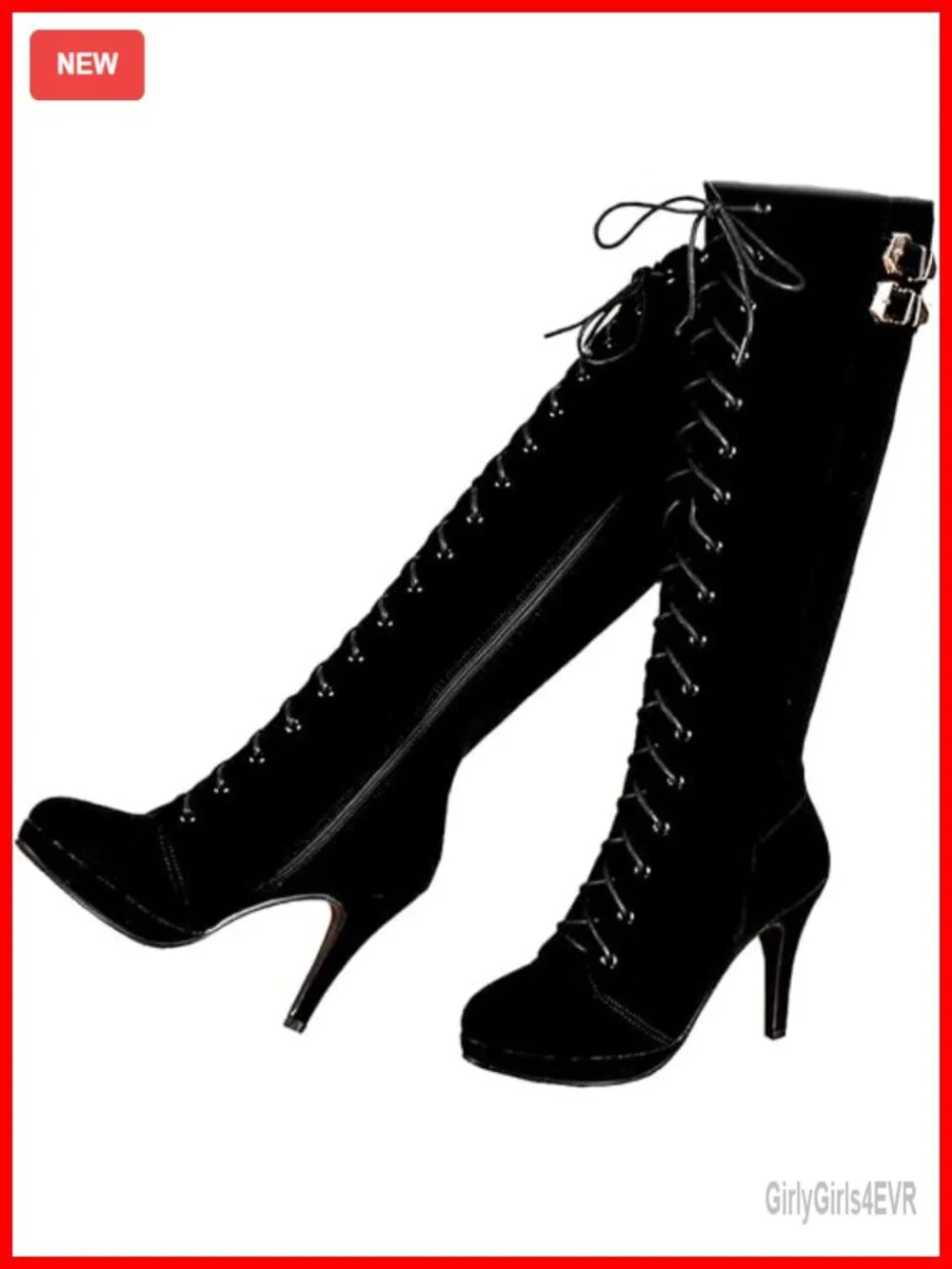 Suede Knee High Lace Up Heeled Boots with Side Zipper & Buckle